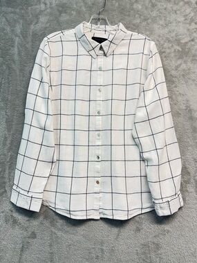 TAHARI White & Navy Blue LINEN BLEND Collared Button Down Shirt Top Size L